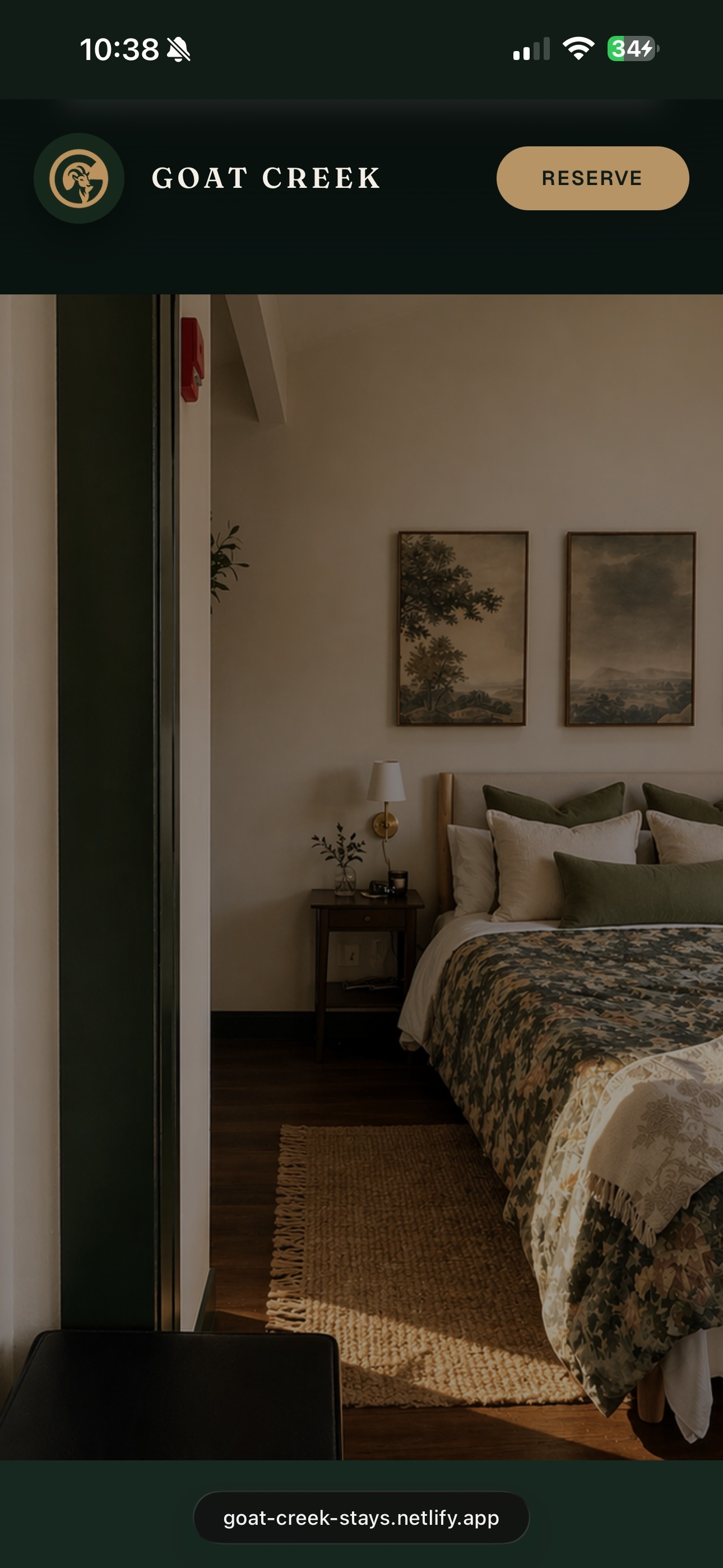 Treehouse bedroom with green linens, framed forest paintings, and hardwood floors